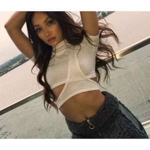 1 LEFT-White Fitted Short Sleeve Crop Top